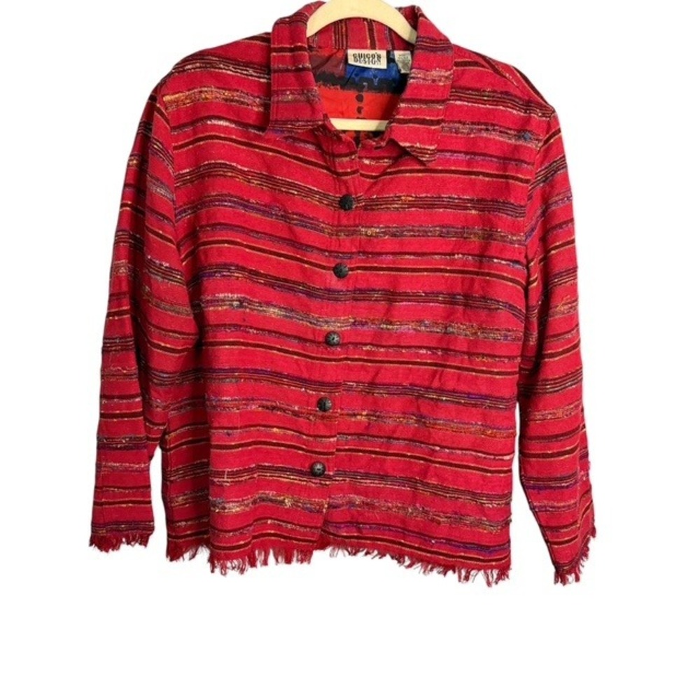 Chicos Jacket Women's XL Silk Blend Southwestern Vintage Stripes Fringe Chicos 3